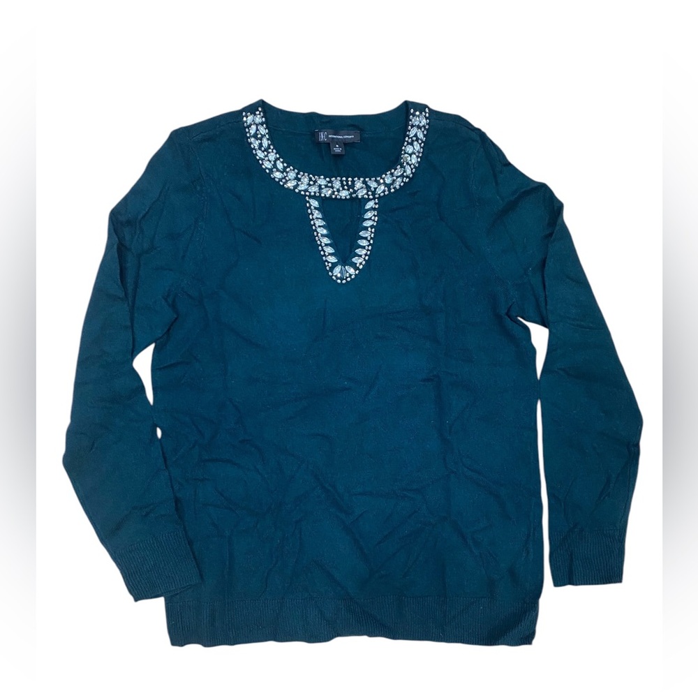Inc International Concepts Rhinestone Holiday Green Sweater Top